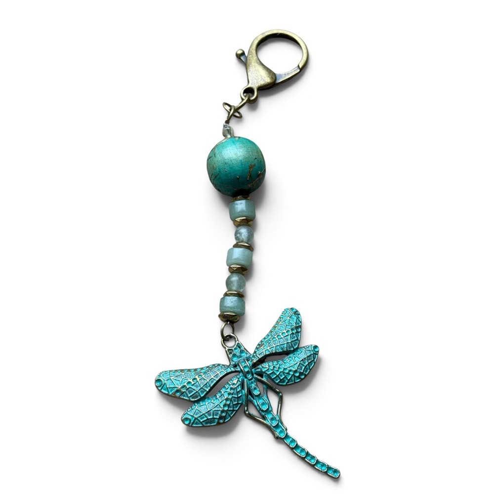 Upcycled Dragonfly Bag Charm Verdigris Beaded Keychain Turquoise Brass